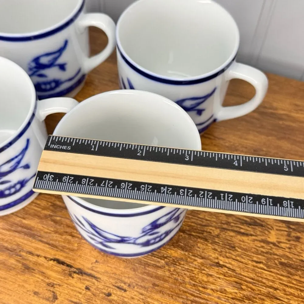 4 Williams Sonoma  Blue White Tea Coffee Cup Mugs Bird Birds on The Branch